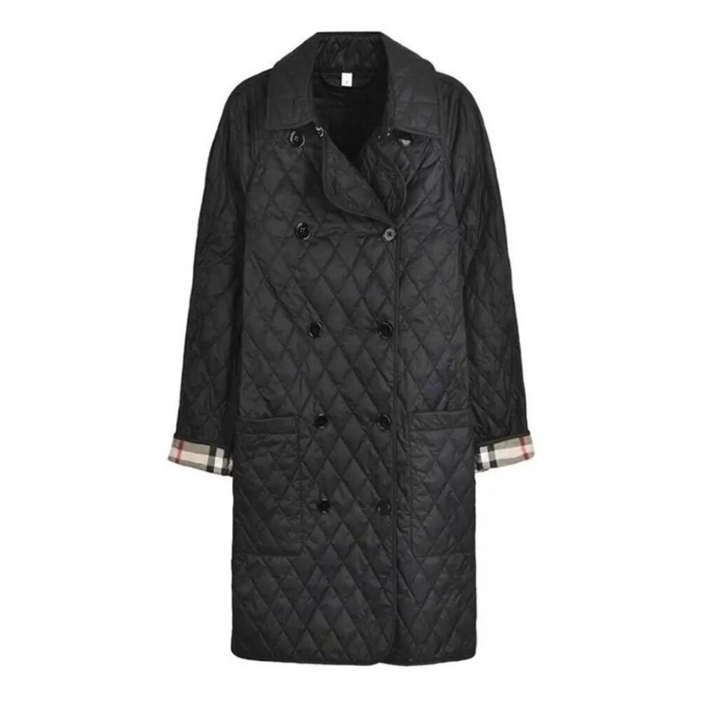 Burberry Women's Tything Diamond Quilted Double Breasted Coat Black L